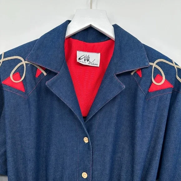 Vintage Denim Midi Dress‎ Medium Pockets Western Cottagecore Rodeo Prairie USA - Picture 5 of 11